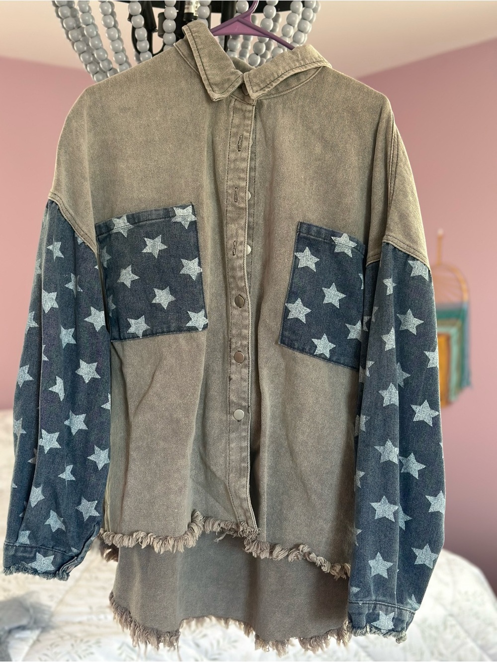 POL Star Patchwork Button-Down Shirt - Taupe & Denim